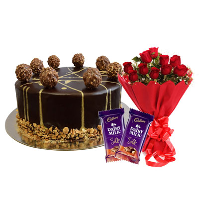 Ferrero Rocher Chocolate Cake, Bouquet & Silk Ferrero Rocher Chocolate Cake, Bouquet & Silk
