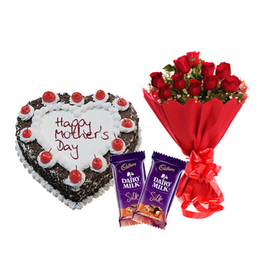 Heart Shape Black Forest Cake, Bouquet & Silk