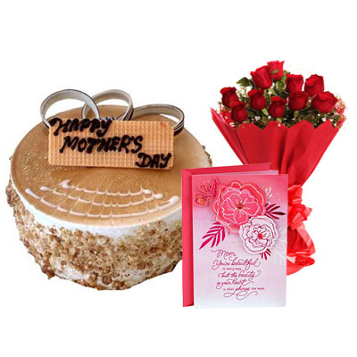 Mothers Day Butterscotch Cake, Bouquet & Card