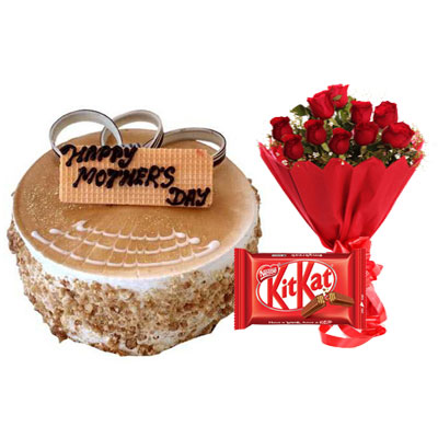 Mothers Day Butterscotch Cake, Bouquet & Kitkat Mothers Day Butterscotch Cake, Bouquet & Kitkat