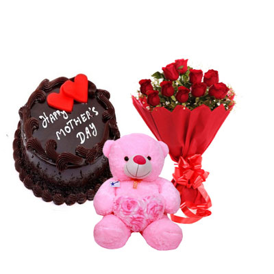 Mothers Day Chocolate Cake, Bouquet & Teddy