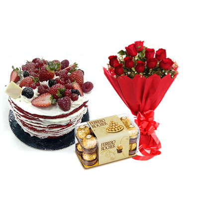 Red Velvet Fruit Cake, Bouquet & Ferrero Red Velvet Fruit Cake, Bouquet & Ferrero
