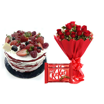 Red Velvet Fruit Cake, Bouquet & Kitkat Red Velvet Fruit Cake, Bouquet & Kitkat