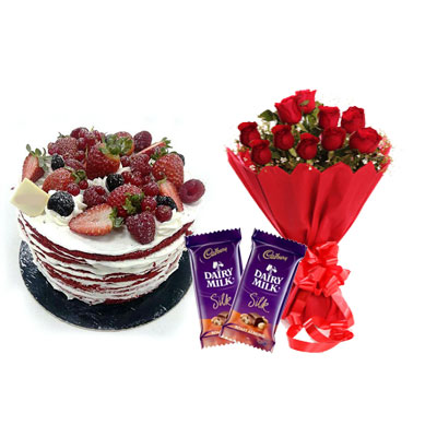 Red Velvet Fruit Cake, Bouquet & Silk
