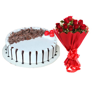 Snowy Black Forest Cake & Bouquet