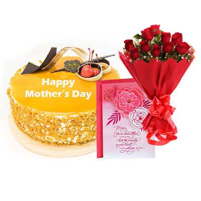 Mothers Day Butterscotch Cream Cake, Bouquet & Card Mothers Day Butterscotch Cream Cake, Bouquet & Card
