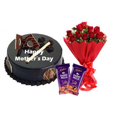 Mothers Day Chocolate Royal Cake, Bouquet & Silk