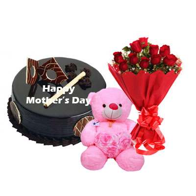 Mothers Day Chocolate Royal Cake, Bouquet & Teddy