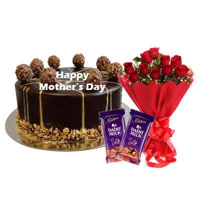 Mothers Day Ferrero Rocher Chocolate Cake, Roses & Silk Mothers Day Ferrero Rocher Chocolate Cake, Roses & Silk