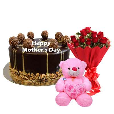 Mothers Day Ferrero Rocher Chocolate Cake, Roses & Teddy