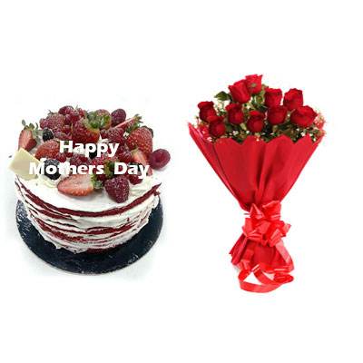 Mothers Day Red Velvet Fruit Cake & Bouquet Mothers Day Red Velvet Fruit Cake & Bouquet