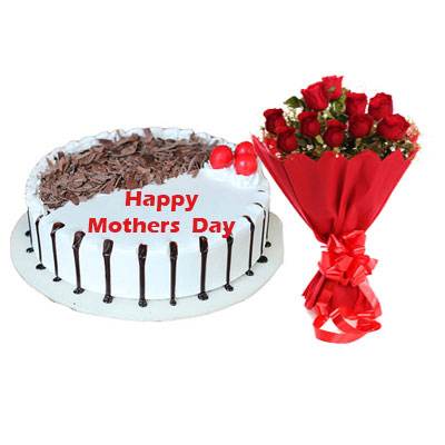 Mothers Day Snowy Black Forest Cake & Bouquet Mothers Day Snowy Black Forest Cake & Bouquet