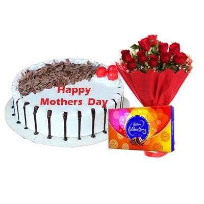 Mothers Day Snowy Black Forest Cake, Bouquet & Celebration