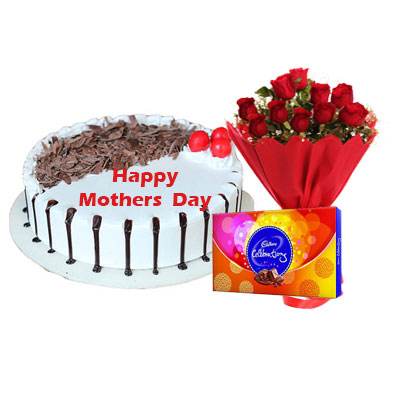 Mothers Day Snowy Black Forest Cake, Bouquet & Celebration Mothers Day Snowy Black Forest Cake, Bouquet & Celebration