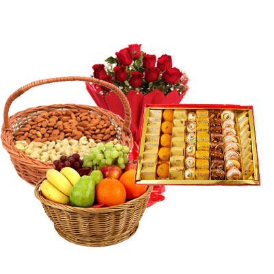 Almonds, Cashew, Mixed Sweets, Fruits & Bouquet