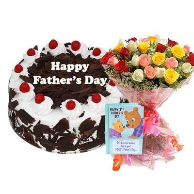 Fathers Day Black Forest Cake, Bouquet & Card Fathers Day Black Forest Cake, Bouquet & Card