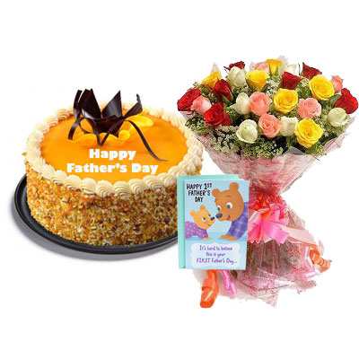 Fathers Day Butter Scotch Cake, Bouquet & Card