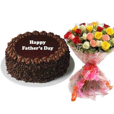 Fathers Day Chocolate Cake with Mix Bouquet & Card Fathers Day Chocolate Cake with Mix Bouquet & Card