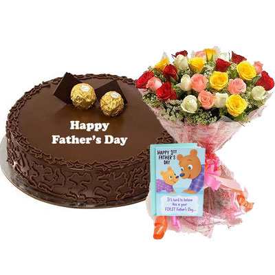 Fathers Day Ferrero Rocher Cake with Mix Bouquet & Card Fathers Day Ferrero Rocher Cake with Mix Bouquet & Card