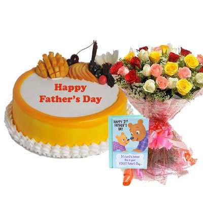 Fathers Day Mango Cake with Mix Bouquet & Card
