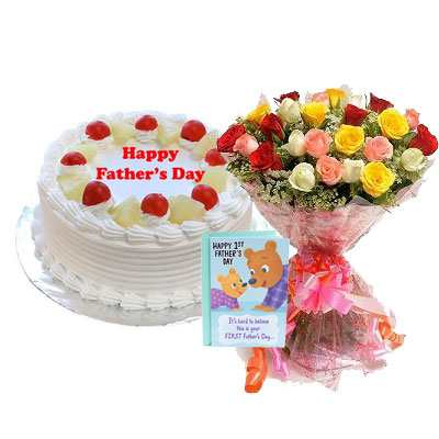 Fathers Day Pineapple Cake with Mix Bouquet & Card