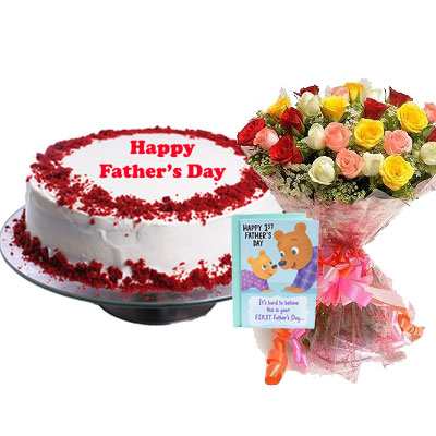 Fathers Day Red Velvet Cake with Mix Bouquet & Card Fathers Day Red Velvet Cake with Mix Bouquet & Card