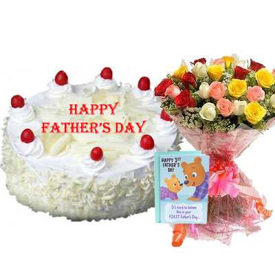 Fathers Day White Forest Cake with Mix Bouquet & Card Fathers Day White Forest Cake with Mix Bouquet & Card