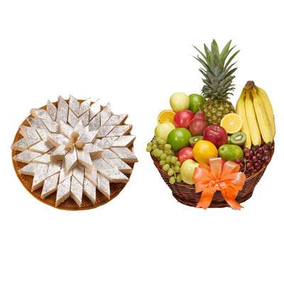 Kaju Burfi with Fruit Basket Kaju Burfi with Fruit Basket