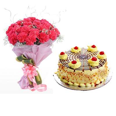 Pink Carnation Bouquet & Butterscotch Cake