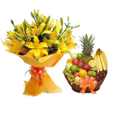 Yellow Lily & Fruit Basket