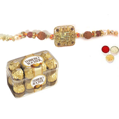 Swastik Rakhi For Bhai With Ferrero Swastik Rakhi For Bhai With Ferrero