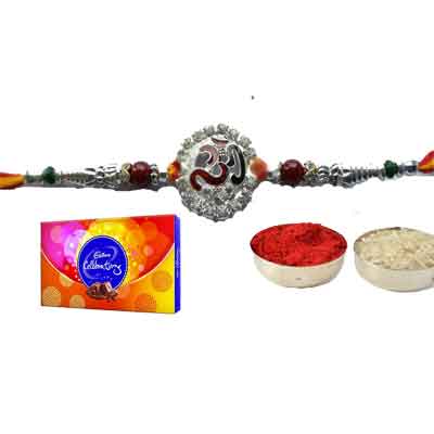 Silver Om Rakhi With Celebration Silver Om Rakhi With Celebration