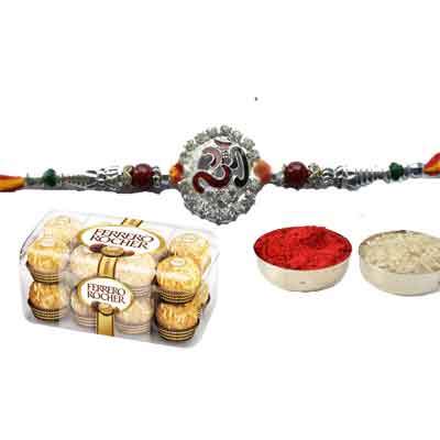 Silver Om Rakhi With Ferrero Silver Om Rakhi With Ferrero