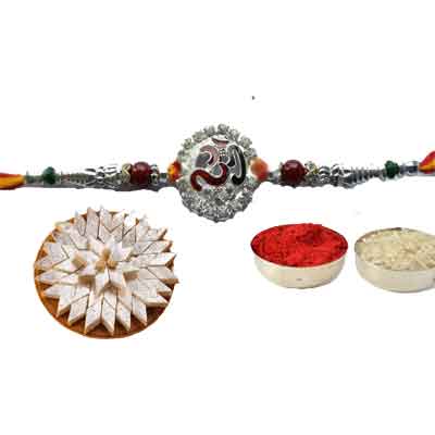 Silver Om Rakhi With Kaju Katli