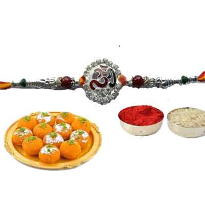 Silver Om Rakhi With laddu