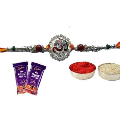 Silver Om Rakhi With Silk