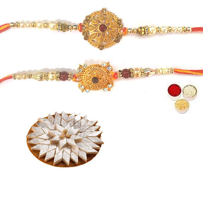 Set Of 2 Designer Rakhi With Kaju Katli