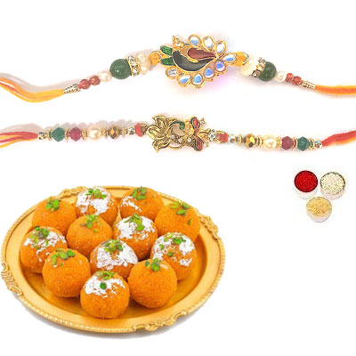Set Of 2 Peacock Rakhi With Laddu Set Of 2 Peacock Rakhi With Laddu