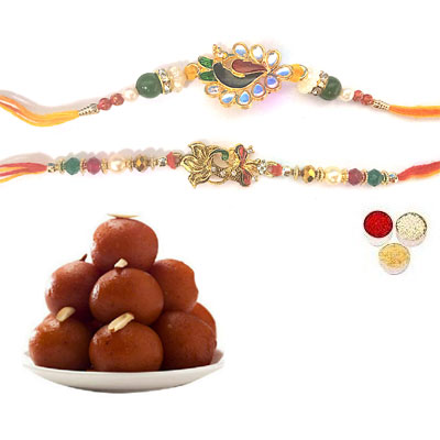 Set Of 2 Peacock Rakhi With Gulab Jamun Set Of 2 Peacock Rakhi With Gulab Jamun