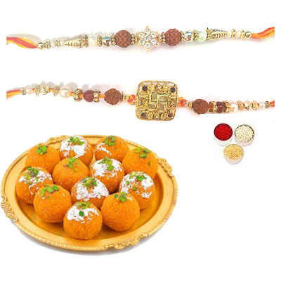 Set Of 2 Rudraksha Rakhi With Laddu