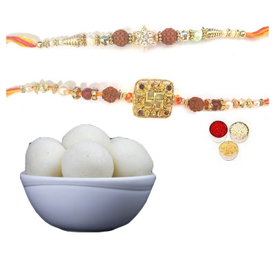 Set Of 2 Rudraksha Rakhi With Rasgulla