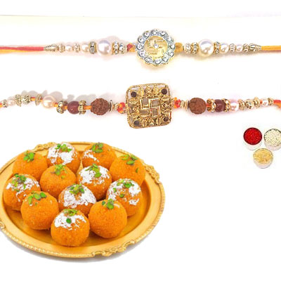 Set Of 2 Swastik Rakhi With Laddu