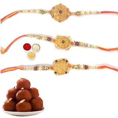 Set Of 3 Designer Rakhi With Gulab Jamun