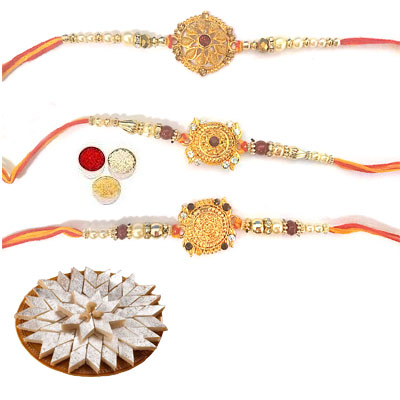 Set Of 3 Designer Rakhi With Kaju Katli Set Of 3 Designer Rakhi With Kaju Katli