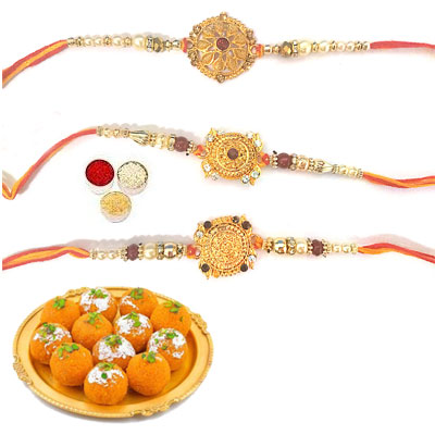 Set Of 3 Designer Rakhi With Laddu