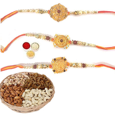 Set Of 3 Designer Rakhi With Mix Dry Fruits Set Of 3 Designer Rakhi With Mix Dry Fruits