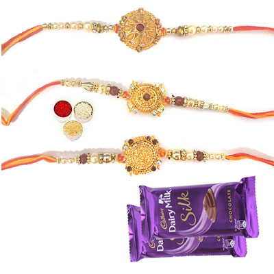 Set Of 3 Designer Rakhi With Silk Set Of 3 Designer Rakhi With Silk