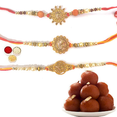 Set Of 3 Om Rakhi With Gulab Jamun