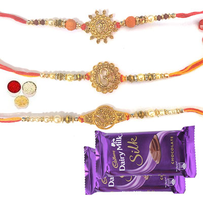 Set Of 3 Om Rakhi With Silk Set Of 3 Om Rakhi With Silk