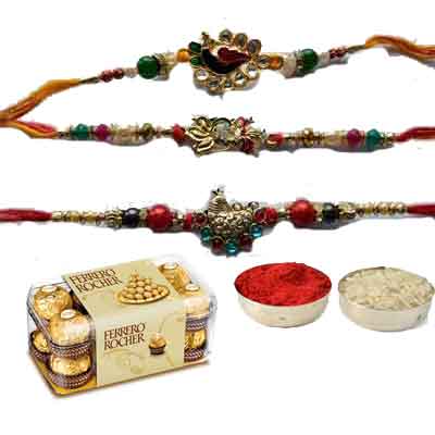 Set Of 3 Peacock Rakhi With Ferrero